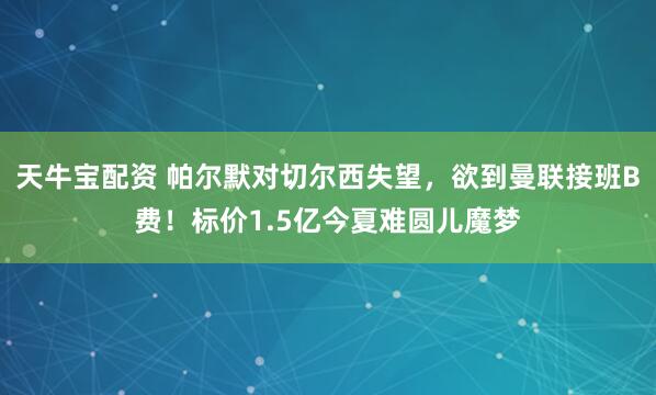 天牛宝配资 帕尔默对切尔西失望，欲到曼联接班B费！标价1.5亿今夏难圆儿魔梦